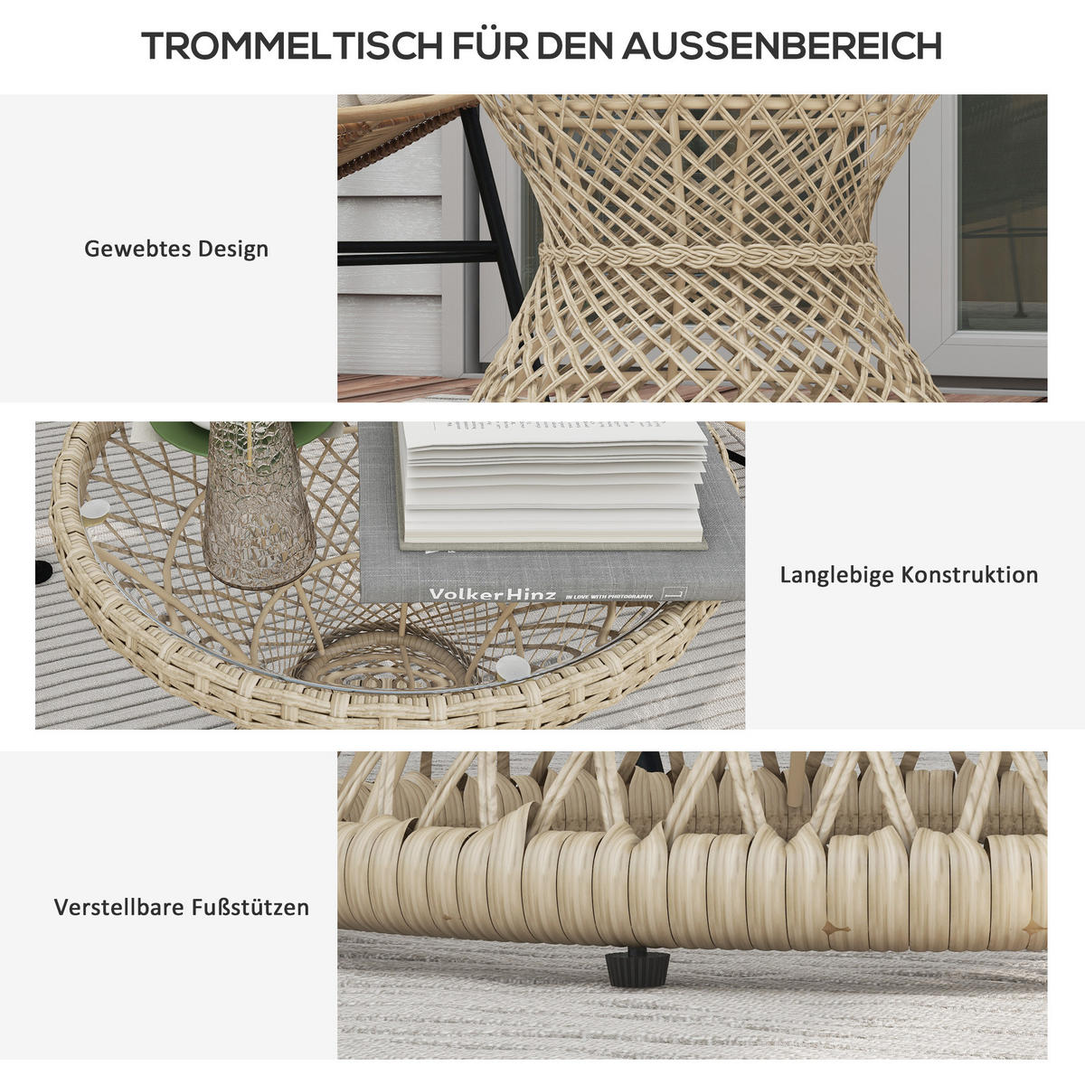 GARTENTISCH, Braun, Stahl, PE Rattan - Braun, Kunststoff (45/45/52cm) - Outsunny