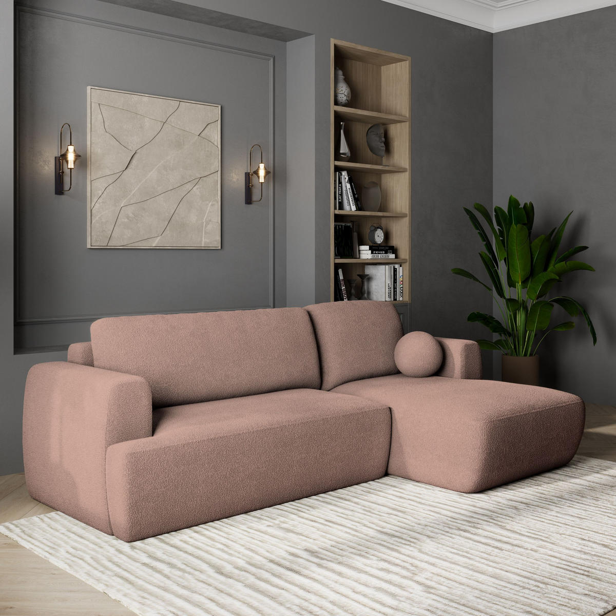 ECKSOFA SENTI N R-S Rosa Boucle-Stoff mit Schlaffunktion - Rosa, Holz (246/148cm) - MASSENO