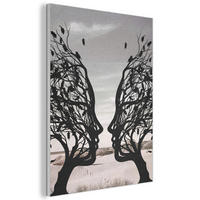 AKUSTIKBILD Strand - Meer - Menschen - Baum - Moderne Kunst Kunstdruck Schlafzimmer 50x70 cm - Hellgrau, Kunststoff (50/70/0.9cm) - MuchoWow