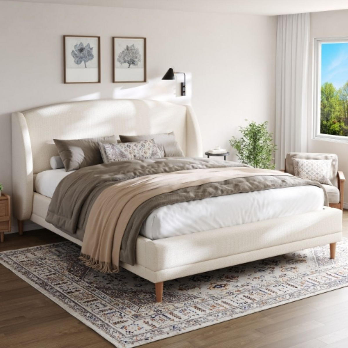 POLSTERBETT 140/190 cm in Weiß Bouclé mit Ohrenkopfteil und Lattenrost - Weiß, Holzwerkstoff/Textil (140/190cm) - CHICFURN
