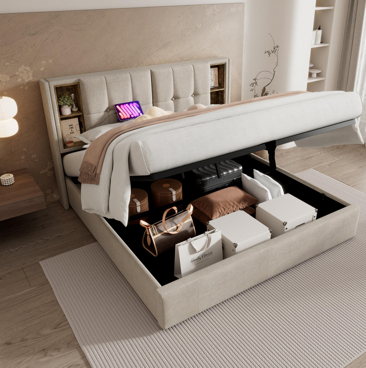 POLSTERBETT mit Stauraum 140x200 cm Leinen Natur mit USB & kabellosem Laden - Beige, Metall (140/200cm) - Meubliv