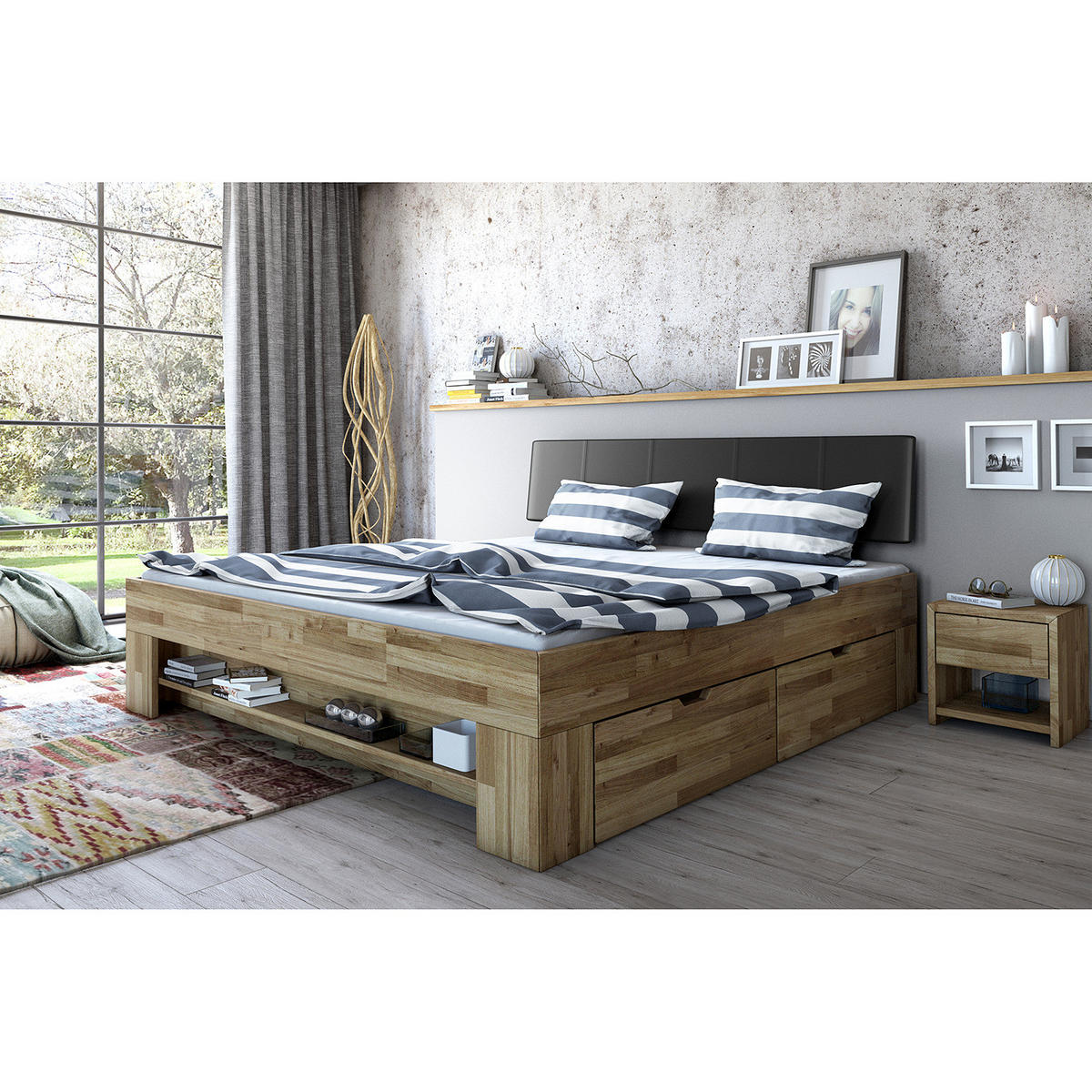 MASSIVHOLZBETT - Massivholz Eiche - Braun - Eichefarben, Holz/Kunststoff (140/200cm) - home24