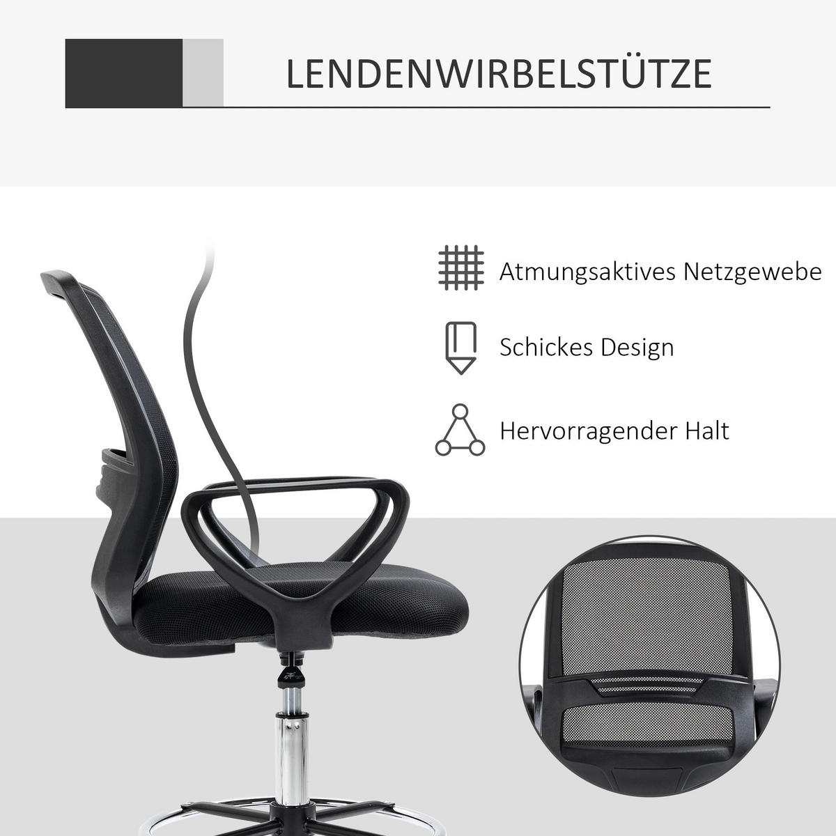 STEHSTUHL 59,5/60/102,5–126 cm, ergonomisch höhenverstellbar und drehbar mit Fußstütze, Schwarz - Schwarz, Kunststoff (60/126/59cm) - Redom