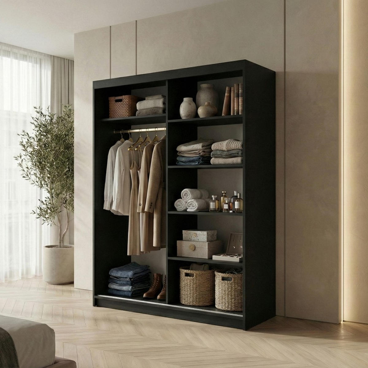 SCHWEBETÜRENSCHRANK Hela 120/205/60 2-türig schwarz mit Spiegel - Schwarz, Holzwerkstoff (120/205/60cm) - Beautysofa