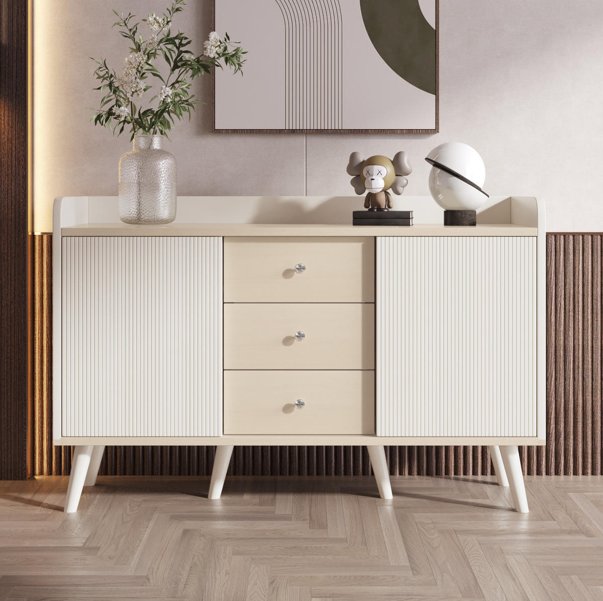 SIDEBOARD mit 2 gestreiften Schiebetüren und 3 Schubladen, MDF mit Massivholzbeinen, 117,5/39,5/79 cm, Weiß und Holzoptik - Weiß, Holzwerkstoff (39.5/117.5/79cm) - Redom