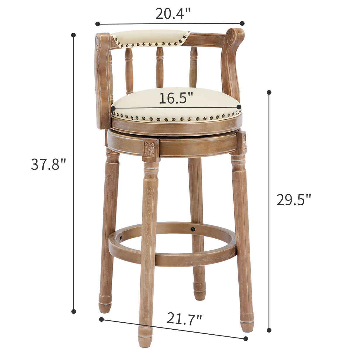 BARHOCKER 1er-Set Weiß mit Echtleder, Rückenlehne und 360° Drehfunktion - Weiß, Holz (54.8/96/54.8cm) - PANGIVO