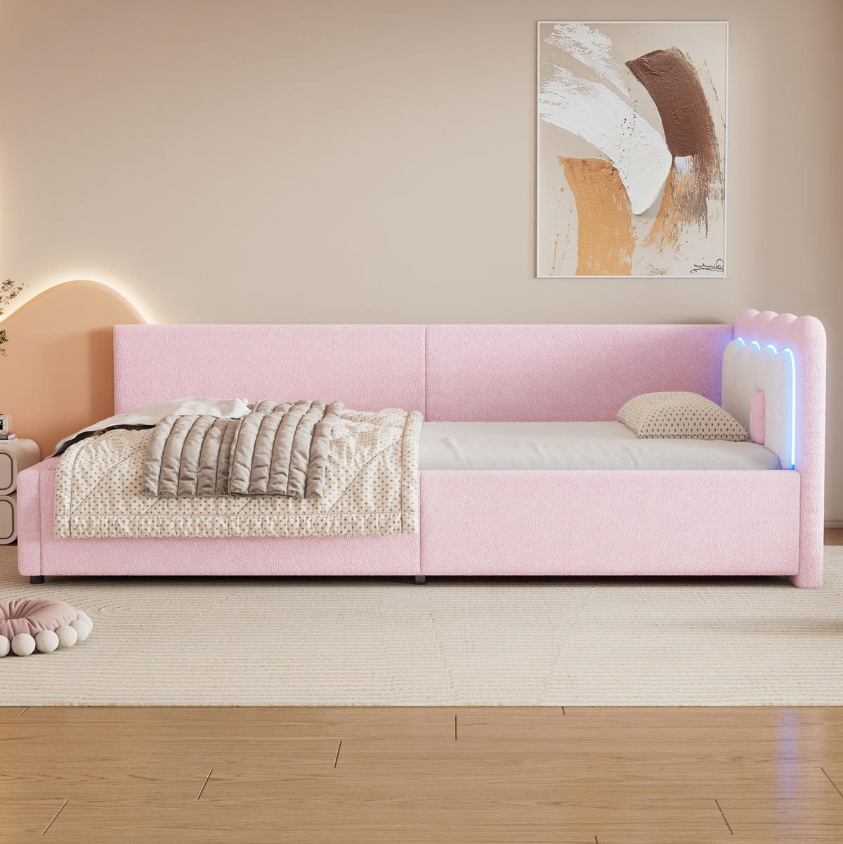 DENNÁ posteľ 90/200 cm ružová s LED osvetlením a roštom zo zamatovej látky a MDF - ružová, textil (90/200cm) - OKWISH