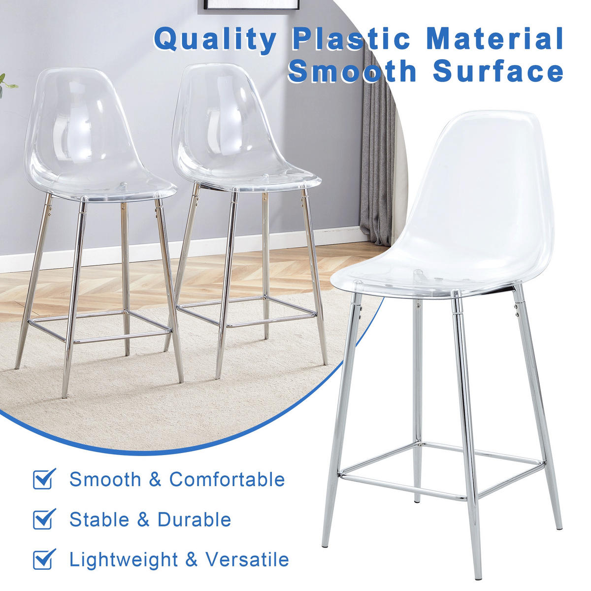BARHOCKER 2er-Set Silber mit transparenter Acryl-Sitzschale und Fußstütze - Silberfarben, Kunststoff (51/102/45cm) - PANGIVO