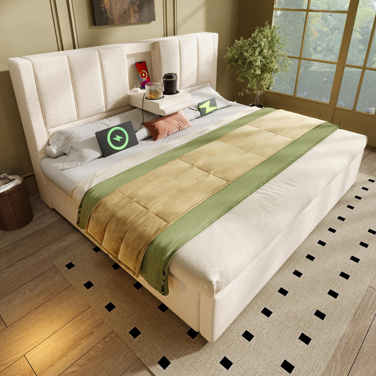 POLSTERBETT 160/200 cm aus Leinen mit Stauraum und Ladestation mit verstecktem Becherhalter Beige - Beige, Textil (160/200cm) - Modenvie