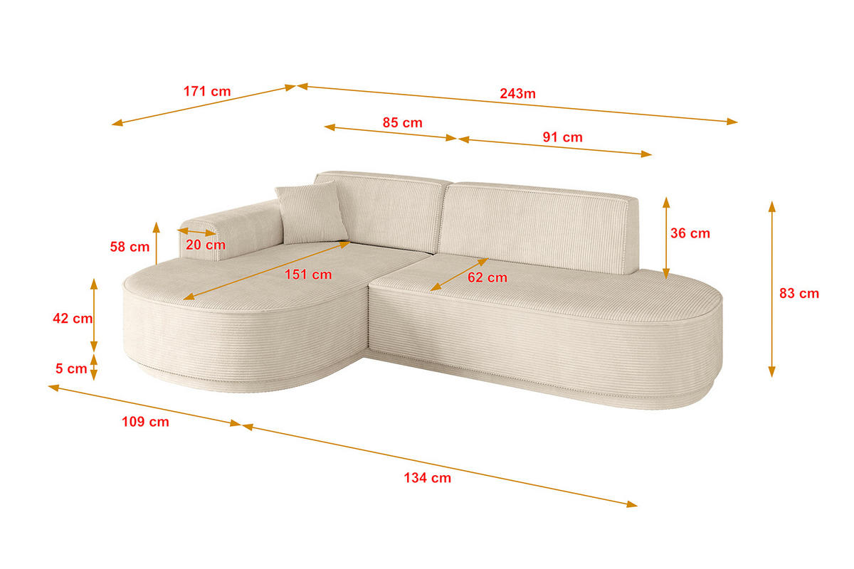 ECKSOFA Ottomane Links MARI-L1-v3 - 243x171x83 cm Beige Cord - Beige/Schwarz, Holzwerkstoff/Kunststoff (243/171cm) - ALTDECOR