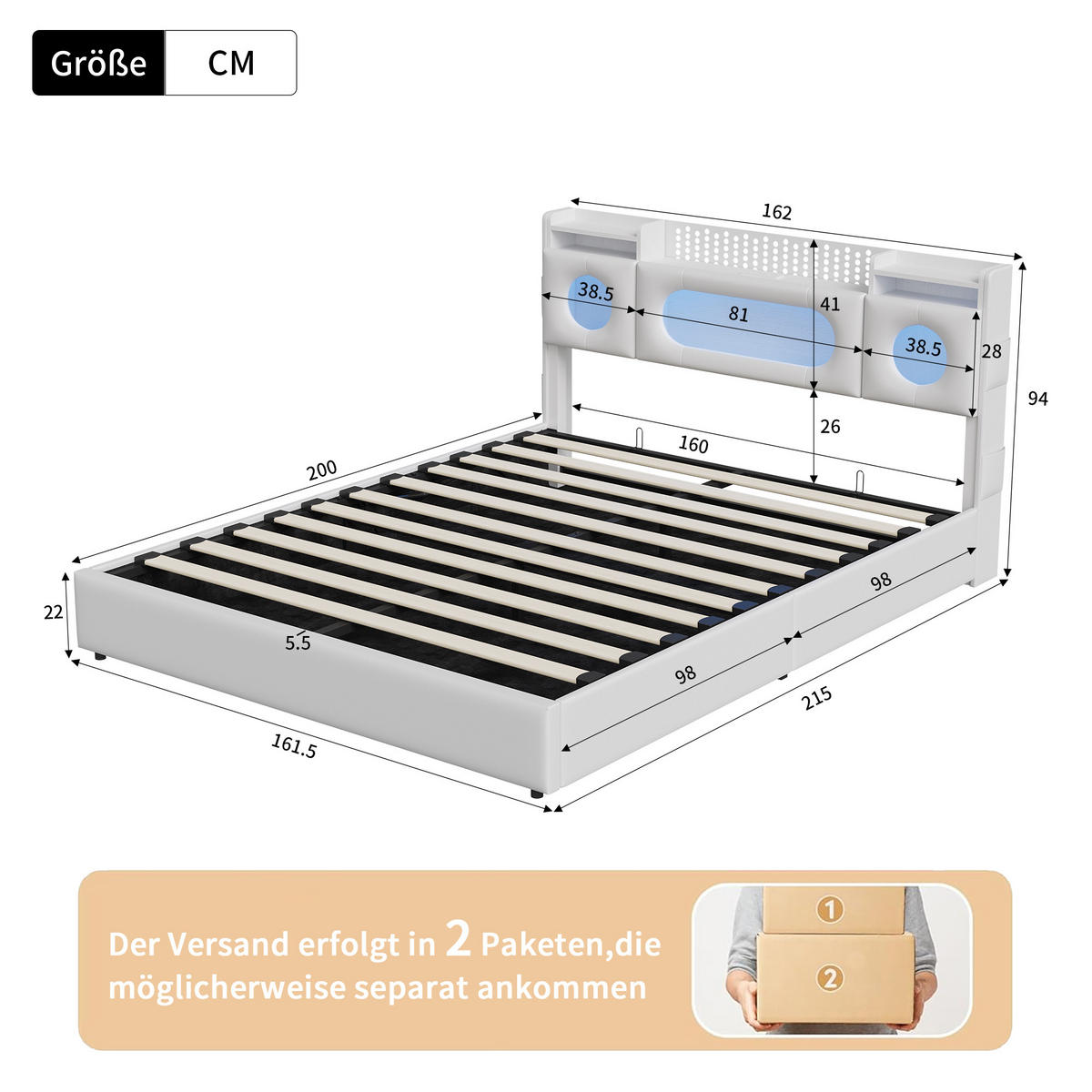 POLSTERBETT 160/200 cm Weiß mit hydraulischem Stauraum, LED-Kopfteil mit Ablage und USB-Anschluss - Weiß, Metall (160/200cm) - EuroLiving