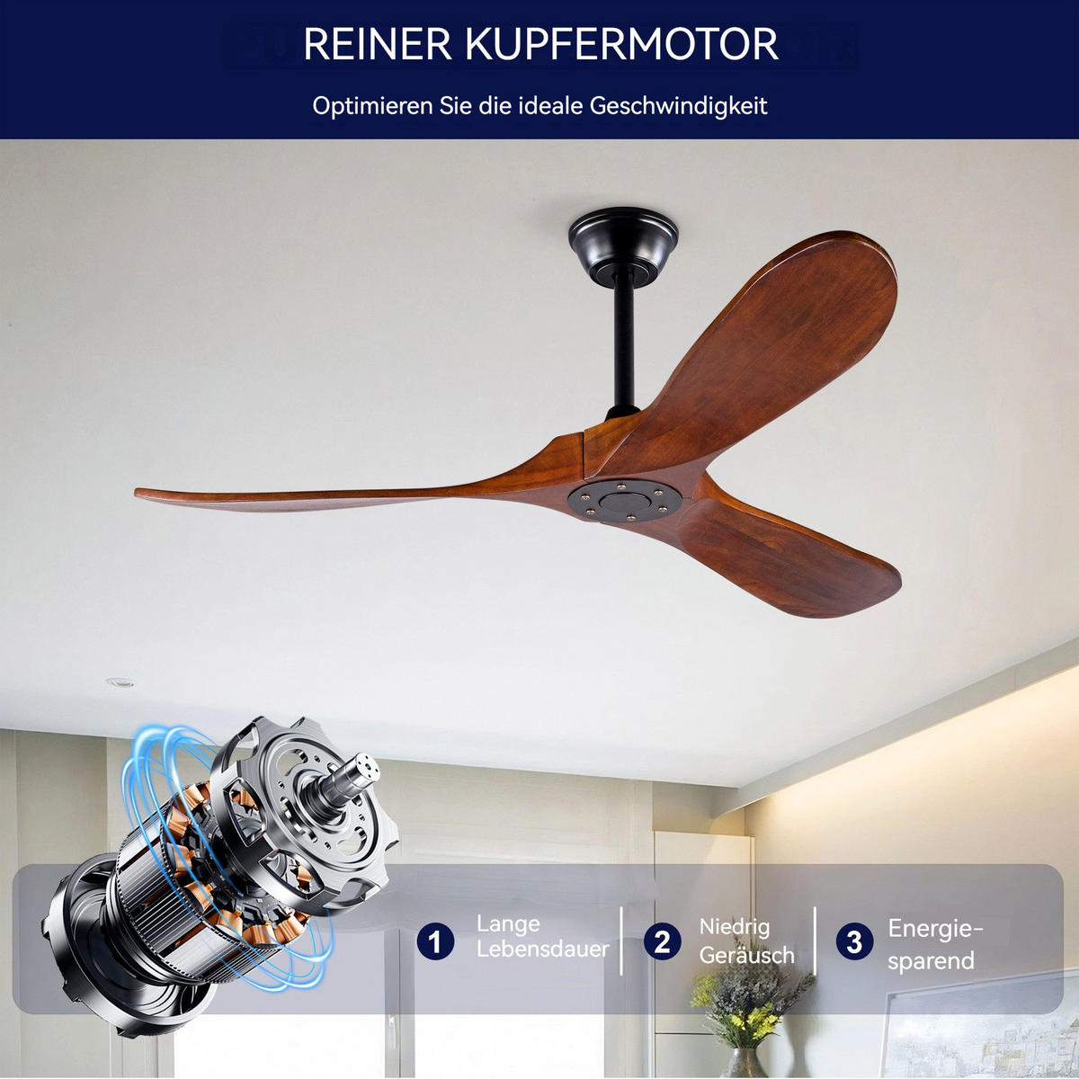 DECKENVENTILATOR & 3 Holzflügeln, Speicherfunktion, Fernbedienung - Braun, Holzwerkstoff (132/132/51cm) - Gisaae