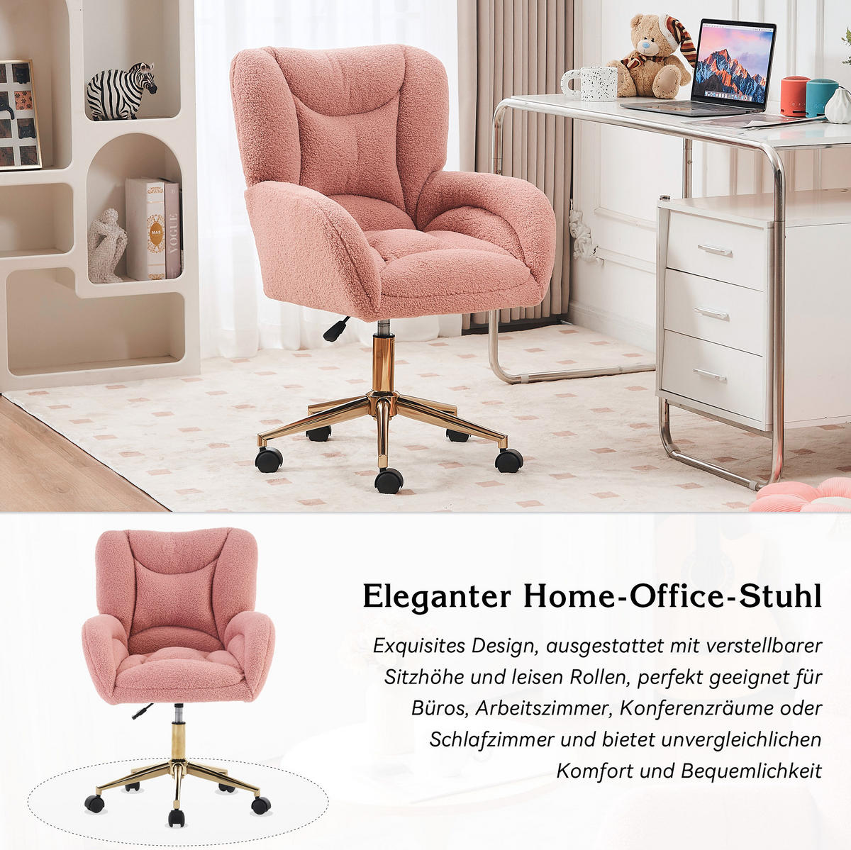 DREHSTUHL Teddy-Stoff höhenverstellbar und 360° drehbar 64/62/92.5 cm Rosa - Rosa, Textil (62/92.5/64cm) - Redom