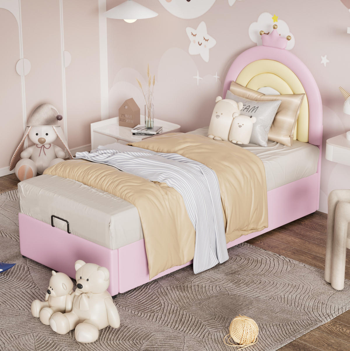 POLSTERBETT 90/200 cm Rosa mit höhenverstellbarem Kopfteil und Lattenrost - Rosa, Kunststoff (90/200cm) - OKWISH