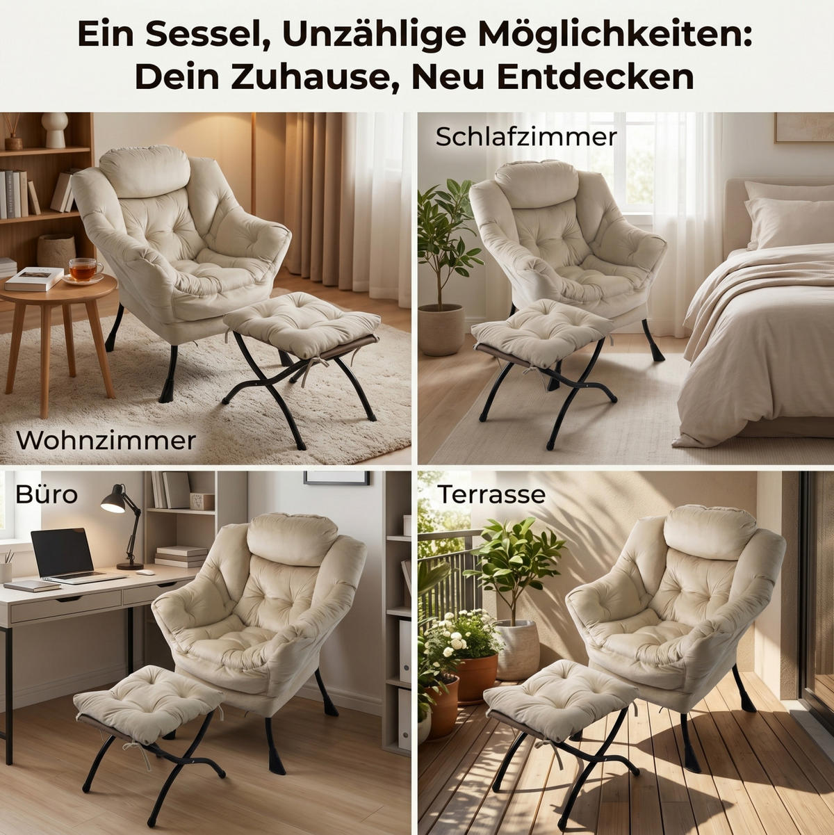 SESSEL mit Hocker in Beige mit Seitentasche und gepolsterten Armlehnen,72/80/93 cm - Beige, Metall (72/93/80cm) - BEAOK
