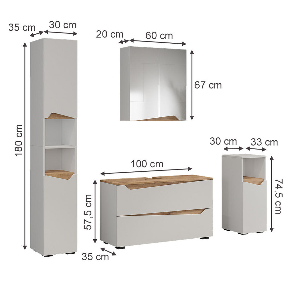 BADMÖBEL-SET Marelle, Weiß/Artisan-Eiche, 4 Teile - Weiß/Eiche Artisan, Holzwerkstoff (100/57.5/35cm) - Vicco