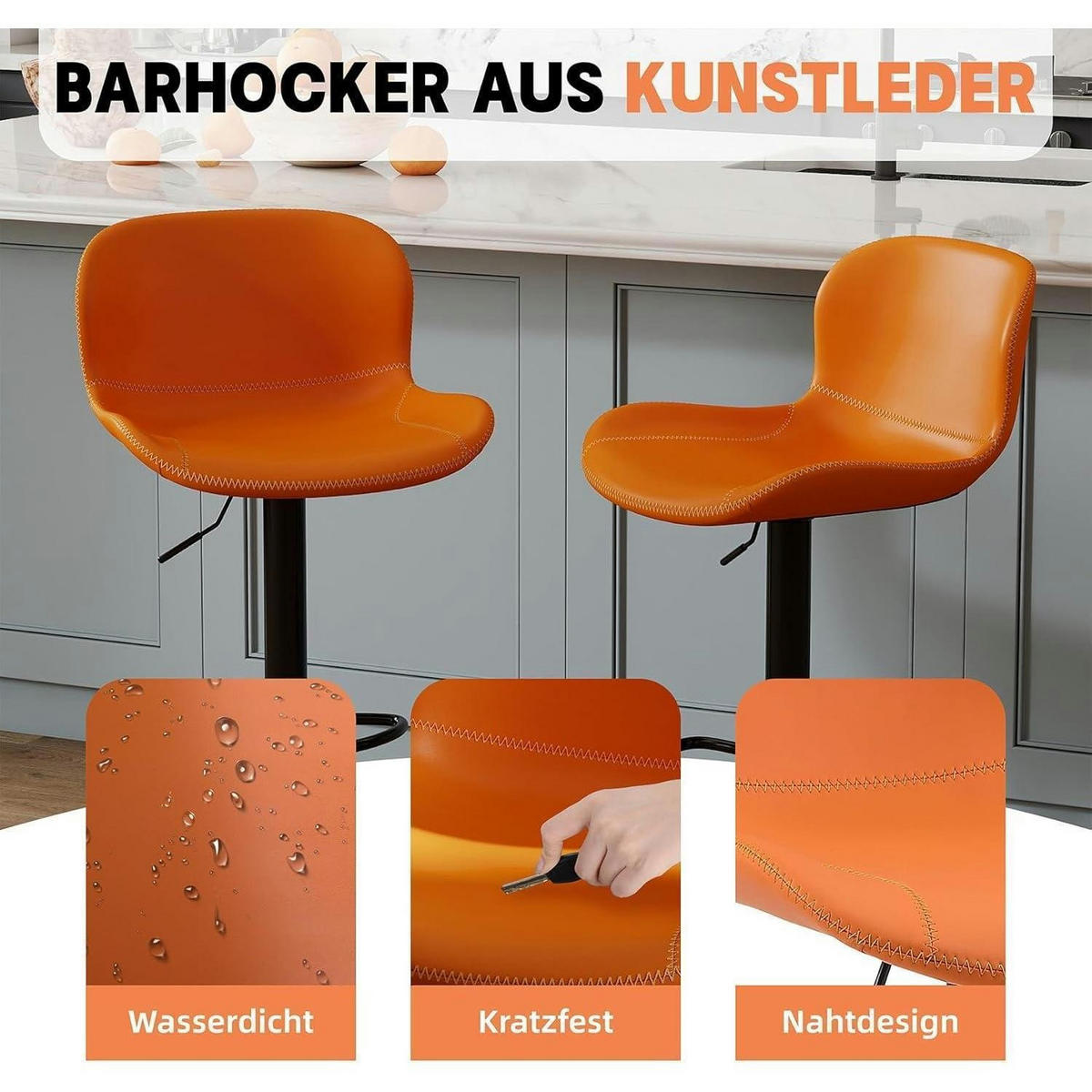 BARHOCKER 4er Set Höhenverstellbar Kunstleder Orange - Orange, Kunststoff (45/100/38cm)