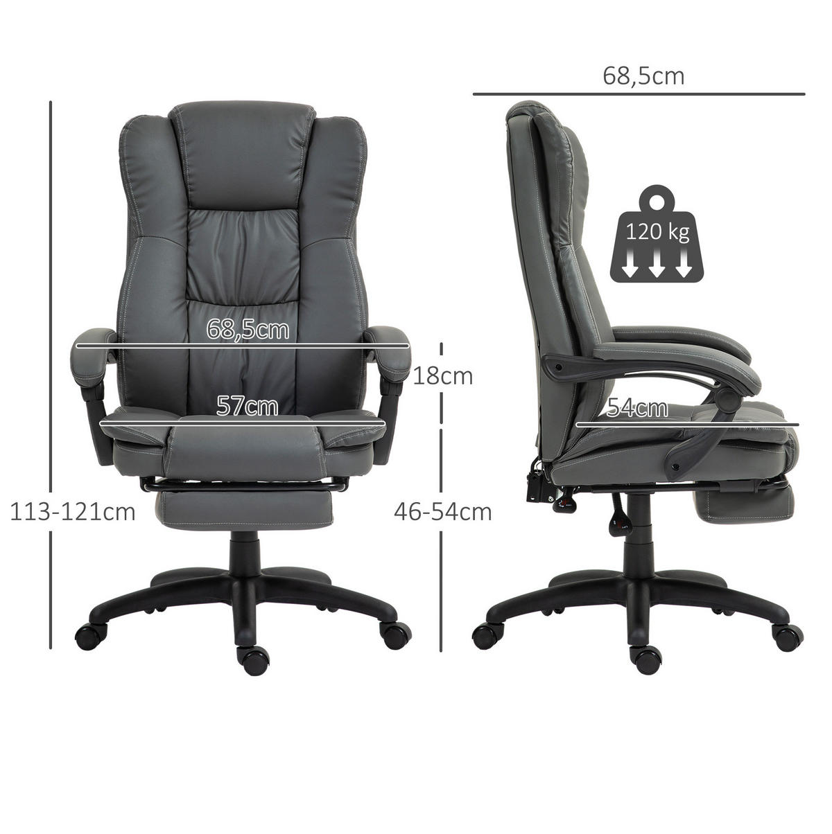 CHEFSESSEL in Dunkelgrau 68,5x68,5x121 cm mit Massagefunktion, Fußstütze und verstellbarer Rückenlehne - Dunkelgrau, Kunststoff (68.5/121/68.5cm) - IVMEU
