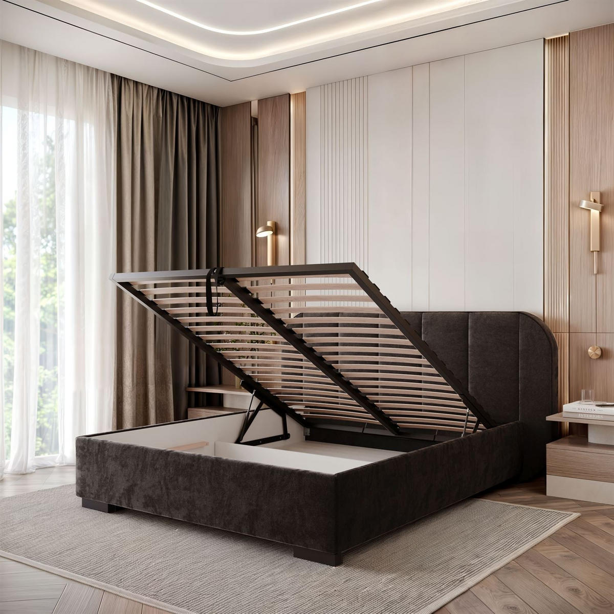 BETT AMARA 140x200 gepolstert mit Stauraum und Lattenrost, Royal Velvet 254 - Schwarz, Textil (140/200cm) - Lookway