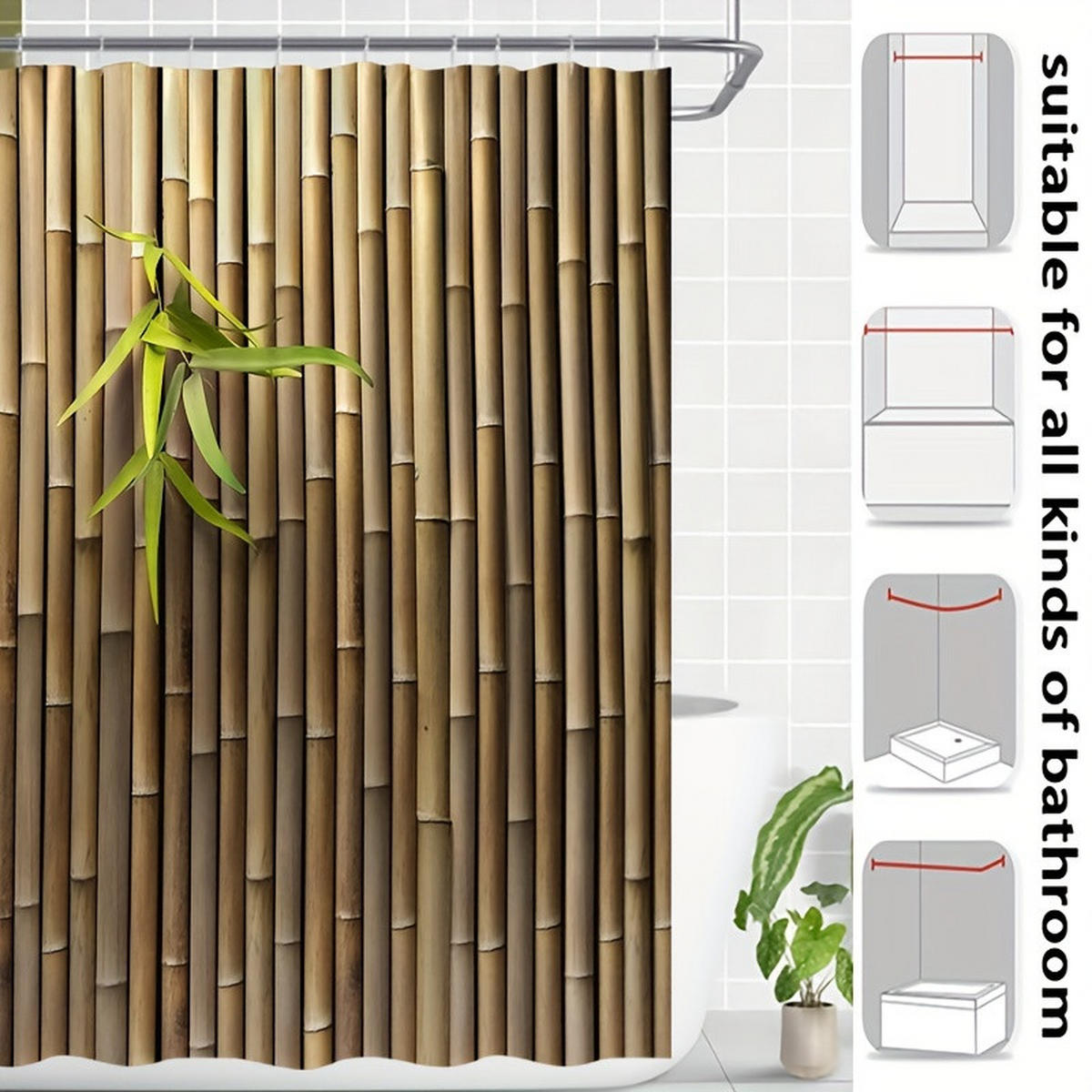 DUSCHVORHANG Grün Bambus Dekor 180 x 180 cm Polyester mit Haken - Braun, Textil (180/180cm) - MCBOSON