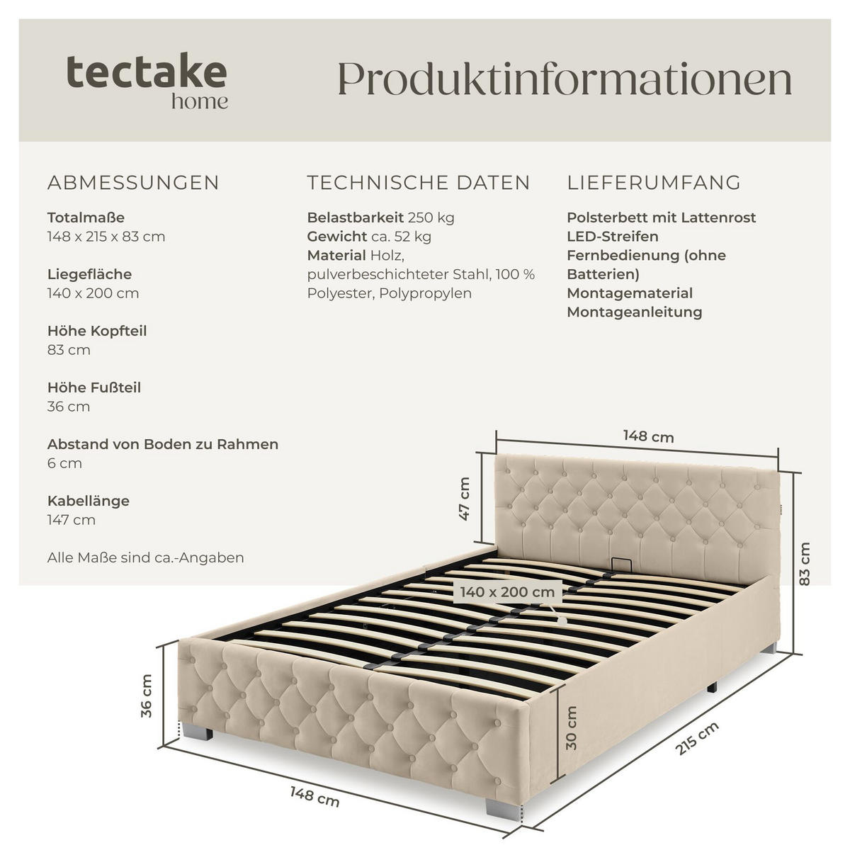 POLSTERBETT Venice, großer Stauraum, Samtoptik sand - Gelb/Samtahornfarben, Holz (140/200cm) - tectake