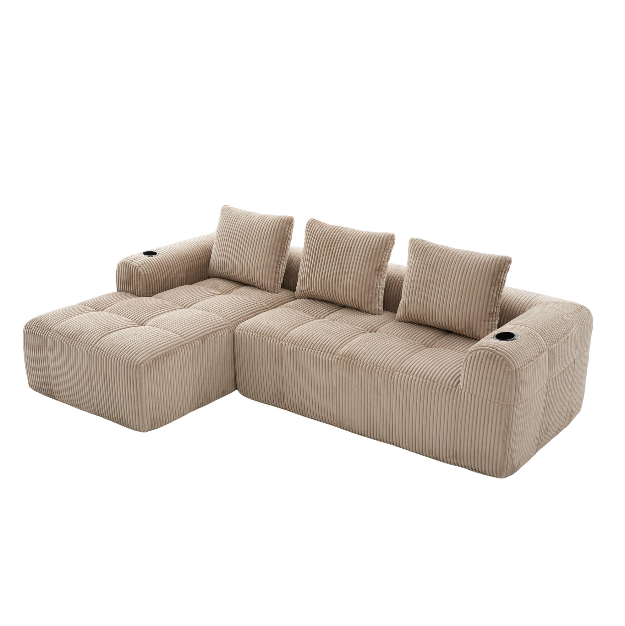 KOMPAKTSOFA Cord mit Seitentaschen und Becherhalter 253/158/61 cm Sandfarben - Sandfarben, Textil (158/253cm) - Redom