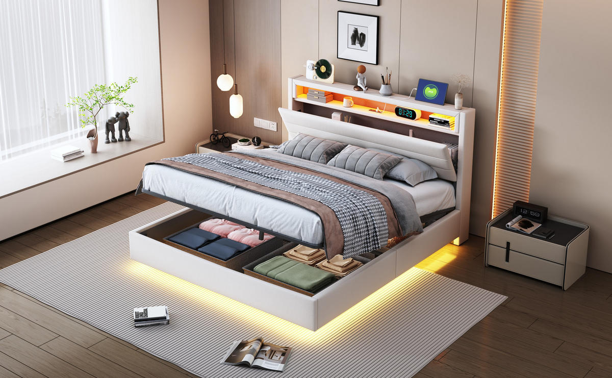 POLSTERBETT 140x200 cm LED USB Stauraum beige - Beige, Textil (140/200cm) - Fortuna Lai