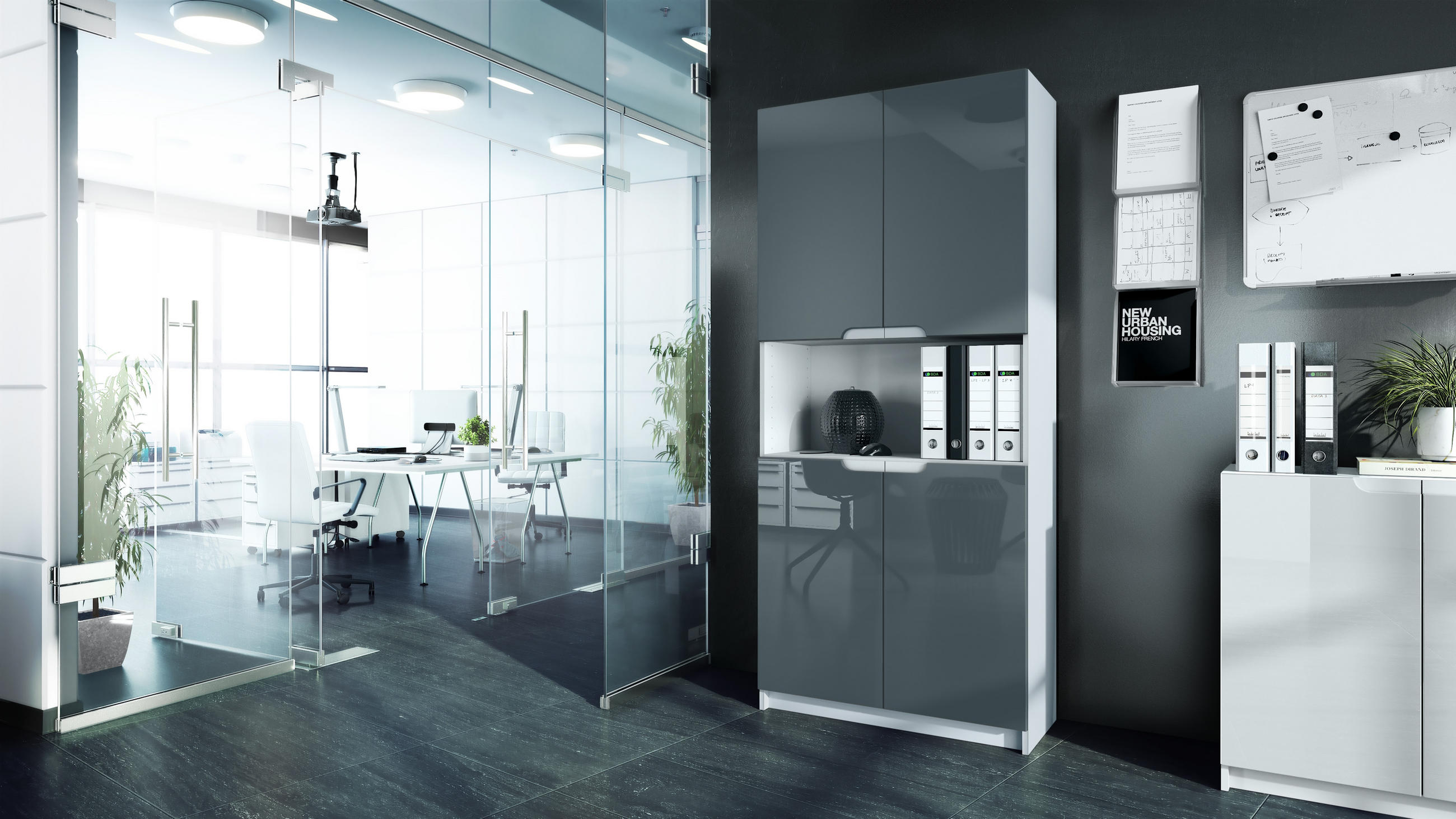 BÜROSCHRANK Logan Fronten in Grau Hochglanz - Grau, Holzwerkstoff (82/184/37cm) - Vladon