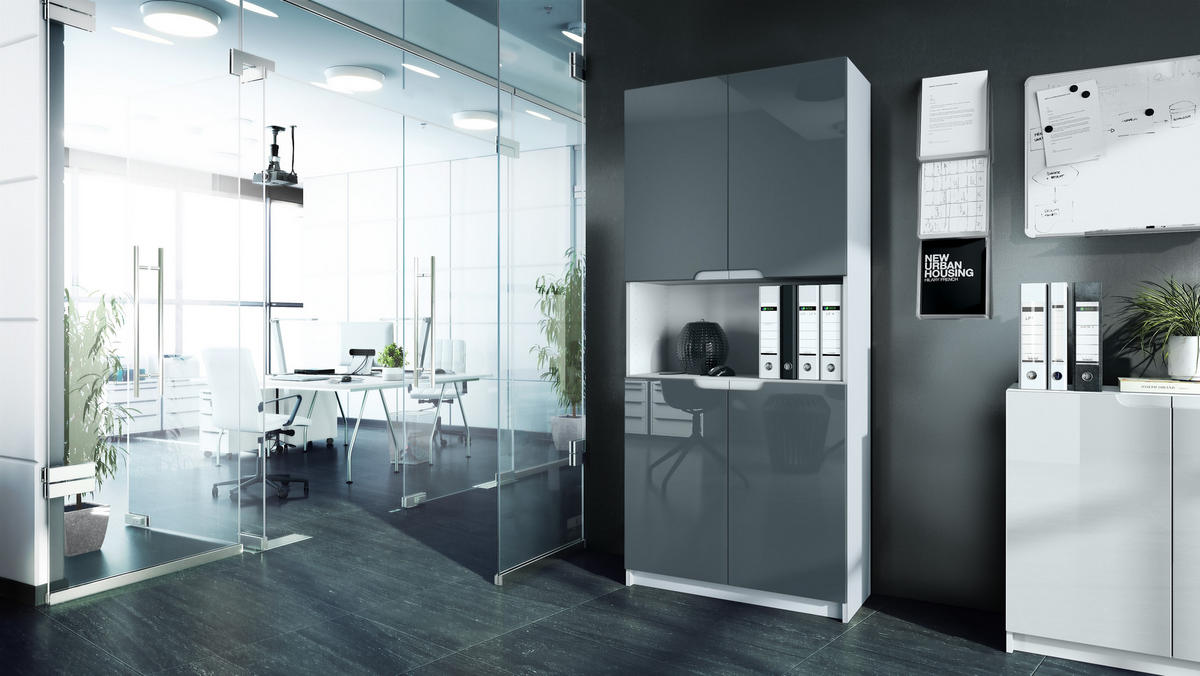 BÜROSCHRANK Logan Fronten in Grau Hochglanz - Grau, Holzwerkstoff (82/184/37cm) - Vladon