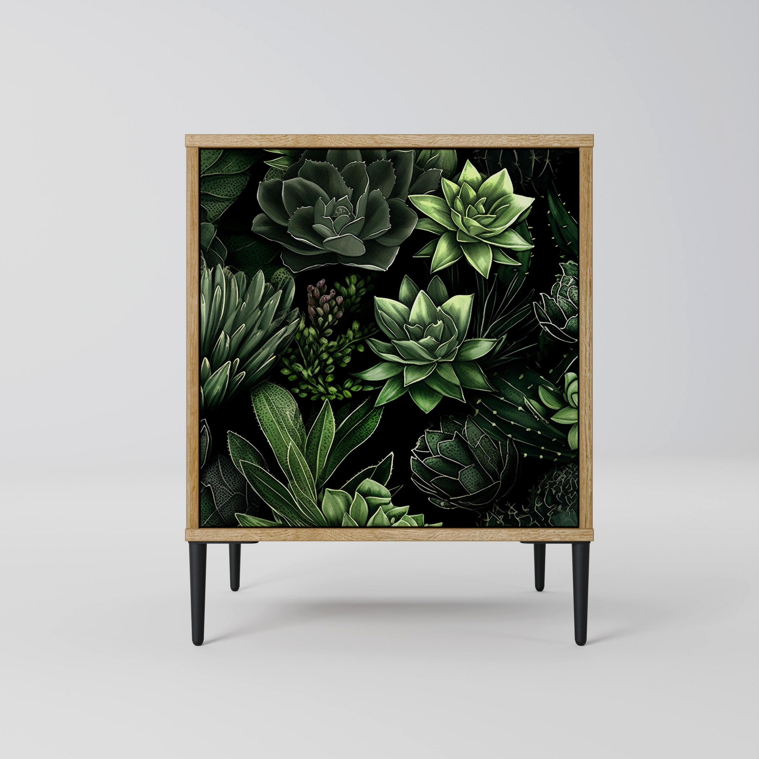 SIDEBOARD SUCCULENT JUNGLE, Eichefarben, 57,5x42x72,5 cm, Schwarze Metallfüße - Eichefarben/Multicolor, Holzwerkstoff/Metall (57.5/72.5/42cm) - SpaceRebels