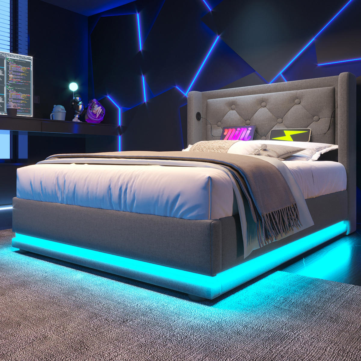 POLSTERBETT 90/200 cm Grau mit hydraulischem Stauraum und USB-Anschlüssen mit Matratze - Grau, Textil (90/200cm) - OKWISH