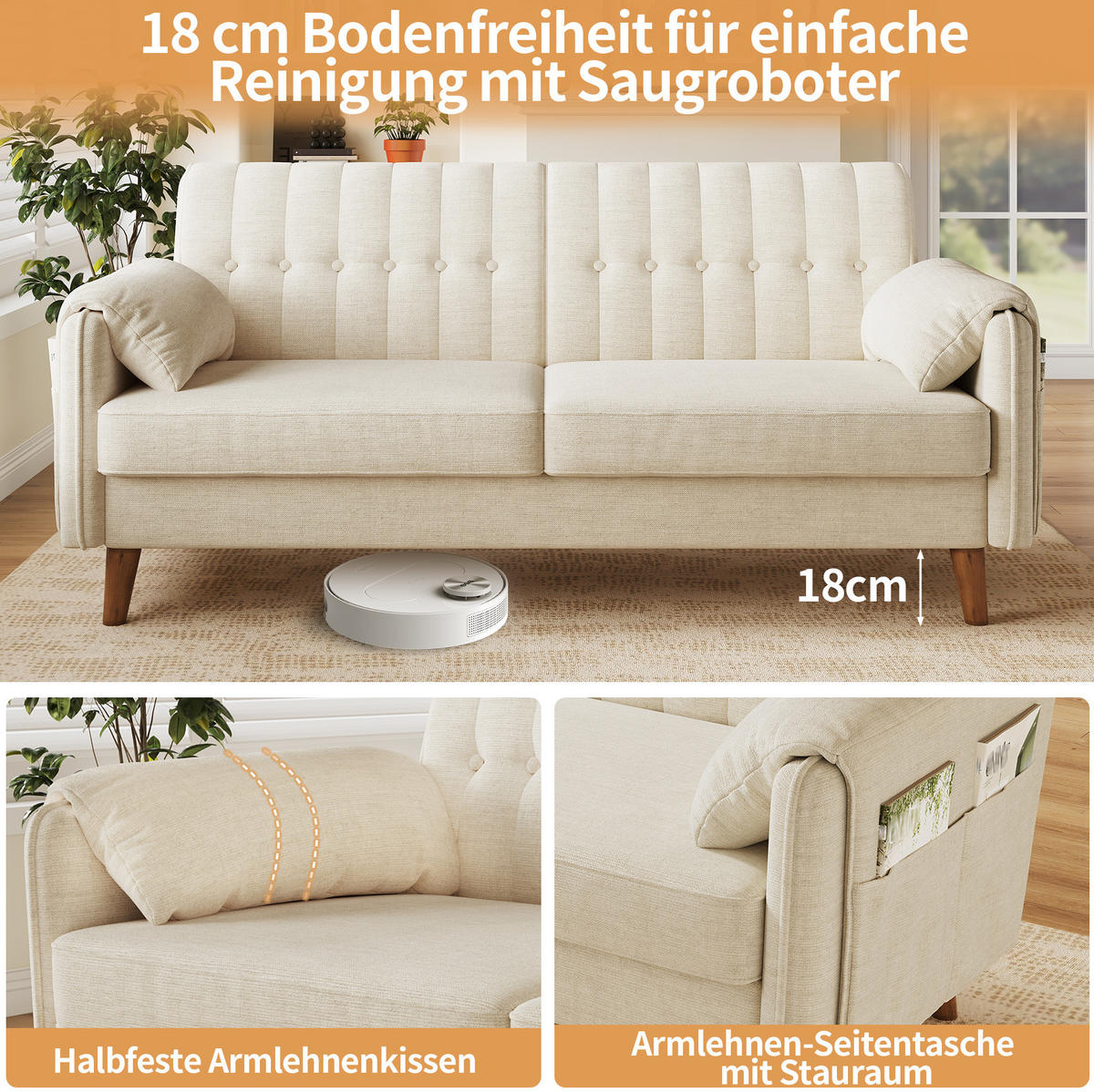 SOFA 161,5/79/83,5 cm in Beige aus Chenille mit Armlehnenkissen - Beige, Textil (79/83.5/161.5cm) - Flora Grace