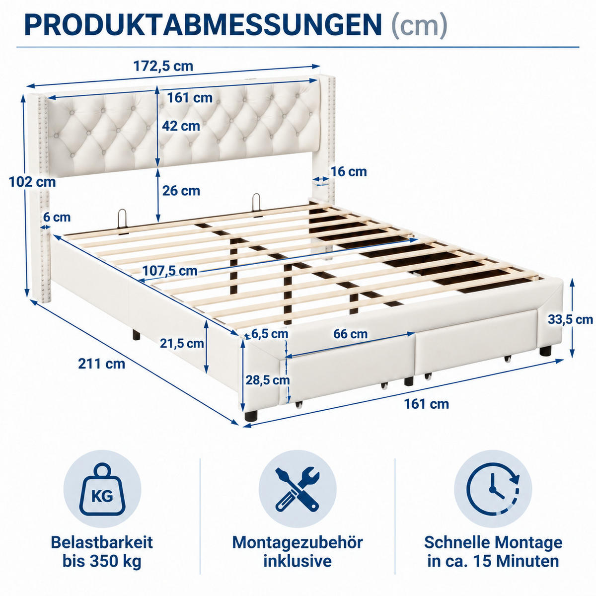 POLSTERBETT 160/200 cm mit LED-Beleuchtung, USB-Ladestation & 2 Aufbewahrungsschubladen, Chesterfield Knopfsteppung mit Nietenbesatz - Beige, Holz/Metall (160/200cm) - Joyfair