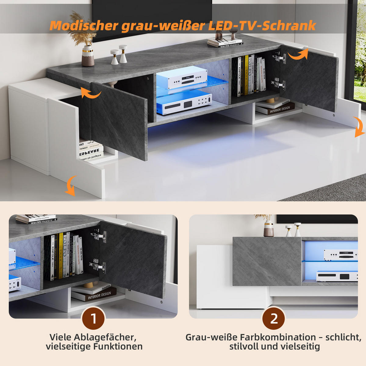 TV-SCHRANK 180x40cm Lowboard Weiß-Grau Bluetooth-LED bis 70 Zoll - Weiß, Holz (48.9/12.7/146.05cm) - FLIEKS