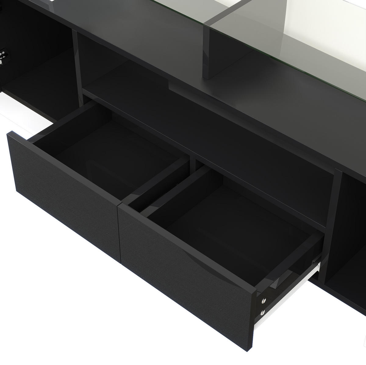 TV-BOARD aus Spanplatte 200x35x60 cm Weiß/Schwarz mit LED-Beleuchtung, viel Stauraum und Glasoptik - Schwarz, Holzwerkstoff (200/60/35cm) - Modfu