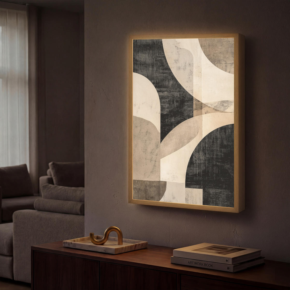 NÁSTĚNNÁ LAMPA S AKUMULÁTOREM Abstraktní - Tvary - Moderní - Béžová 40x60 cm - šedá, kompozitní dřevo (40/60/8cm) - OnlyWow