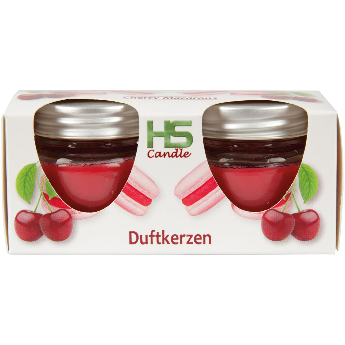 DUFTKERZE im Glas "Macaron Cherry" mit Deckel, 2er Pack mit je ca. 7 Std. Brenndauer, Ø6cm , Raumduft als Geschenk und Dekoration - Kirschrot, Glas (6/5cm) - HS Candle