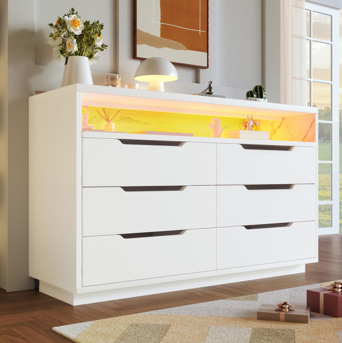 SIDEBOARD aus Spanplatte und Metall 120x40x85 cm Weiß mit LED-Beleuchtung und 6 Schubladen - Weiß, Holzwerkstoff (120/85/40cm) - IVMEU