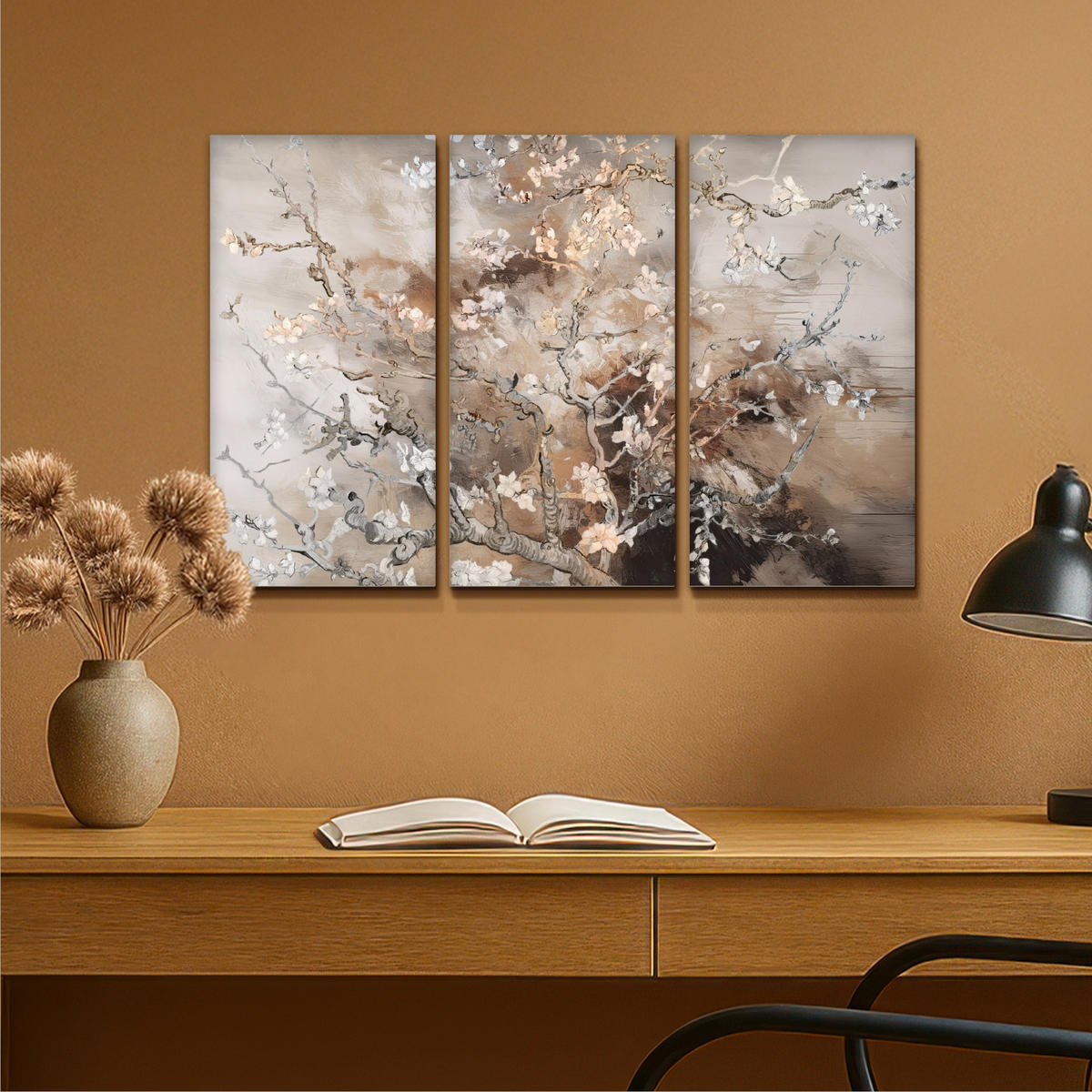 LEINWANDBILD 3er Set Mandelblüte - Abstrakt - Beige 90x60 cm - Beige, Textil (90/60cm) - MuchoWow