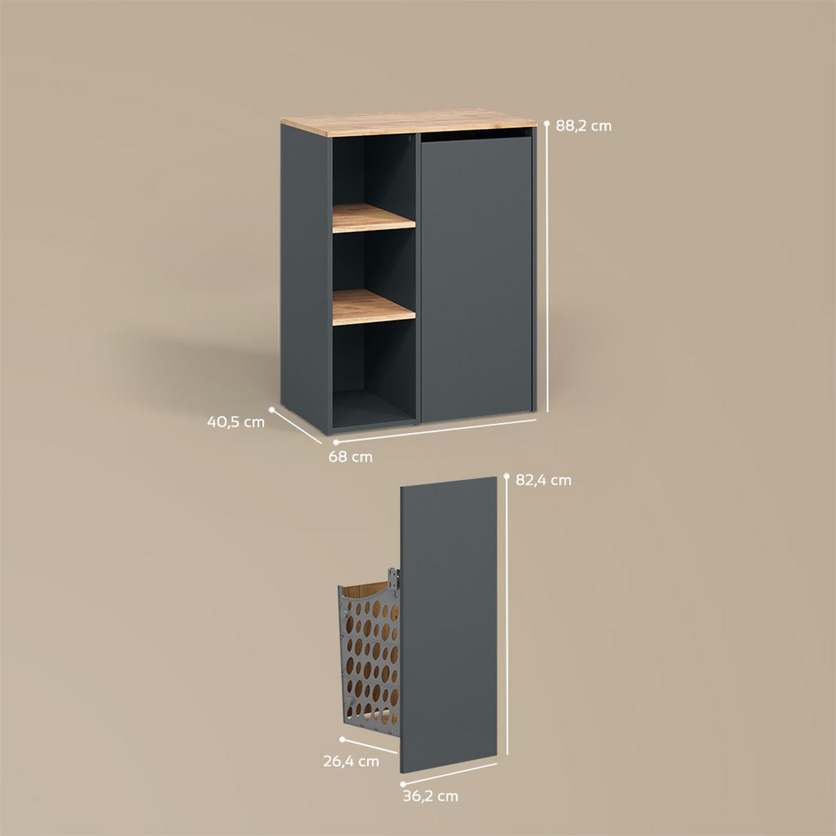 BADSCHRANK Paolina Anthrazit/Goldkraft Eiche 68 x 88.2 cm , mit offenen Regalen und Wäschekorb - Honigeiche/Anthrazit, Holzwerkstoff (68/88.2/40.5cm) - Livinity®