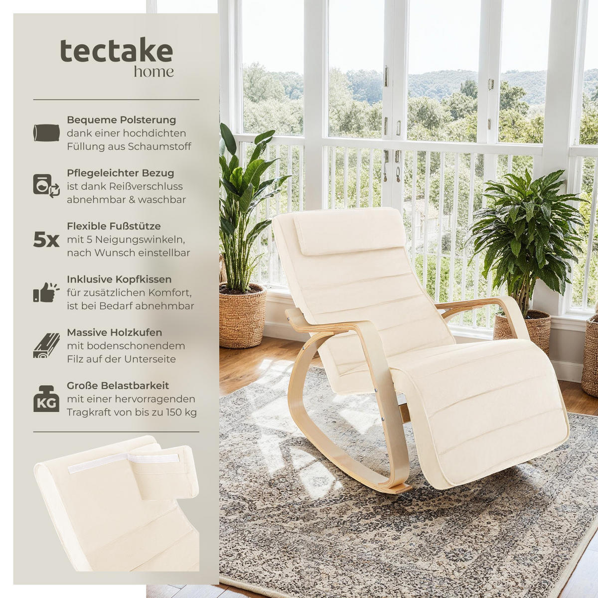 SCHAUKELSTUHL Onda,67 x 115 x 86 cm,beige - Beige, Holz (115/86/67cm) - tectake