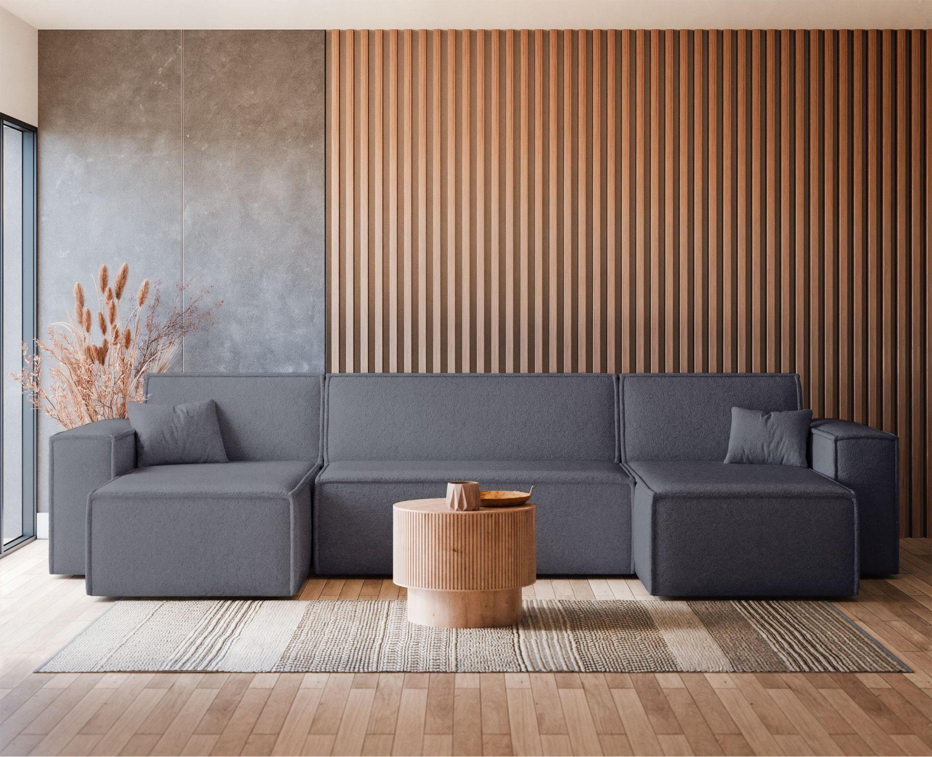 WOHNLANDSCHAFT Scarlo Dunkelgrau Bouclé-Bezug - Dunkelgrau/Schwarz, Kunststoff/Textil (312/83/145cm) - Selsey