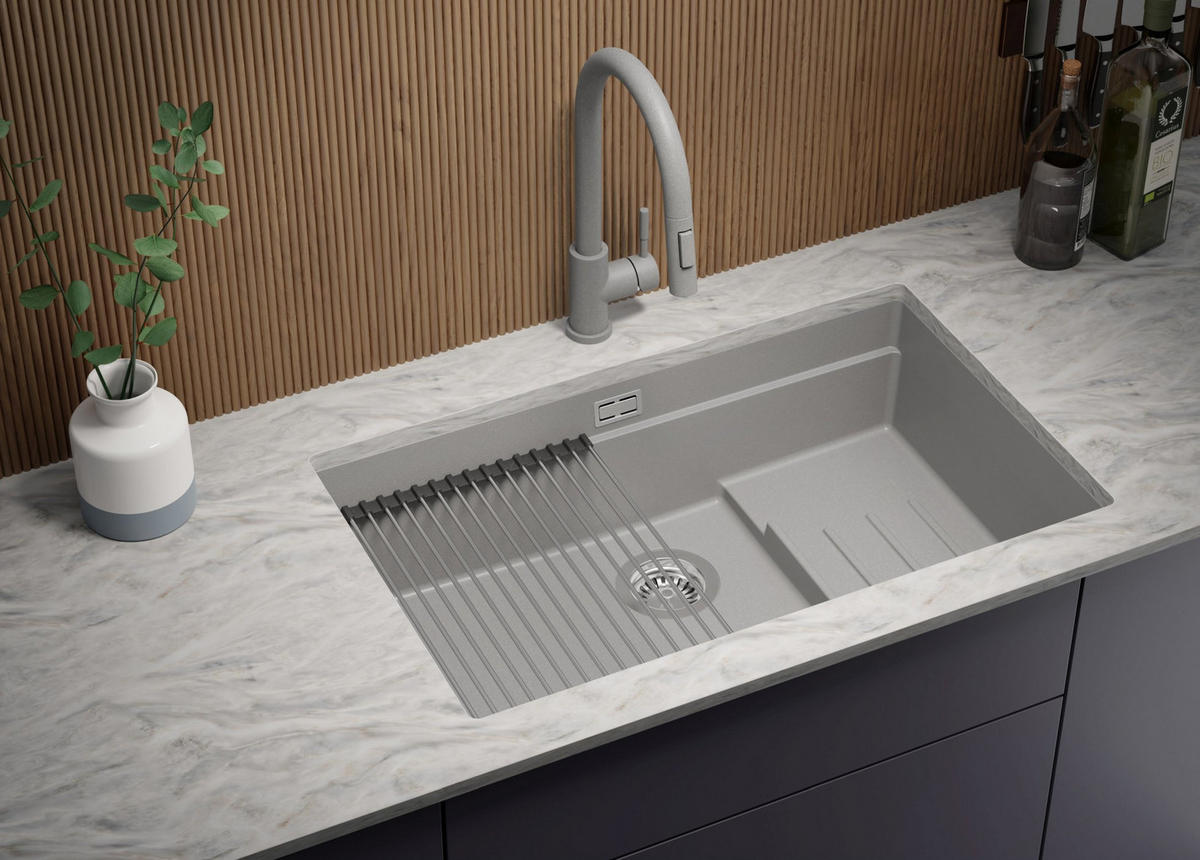 UNTERBAUSPÜLE GRANIT Praga, 2-er set Grau 76/47 cm 1 Becken + Küchenarmatur 32/20 cm + Ablauf-Set + Aufrollbare Abtropffläche ab 80er Unterschrank - Chromfarben/Grau, Kunststoff (76/20/47cm) - Primagran