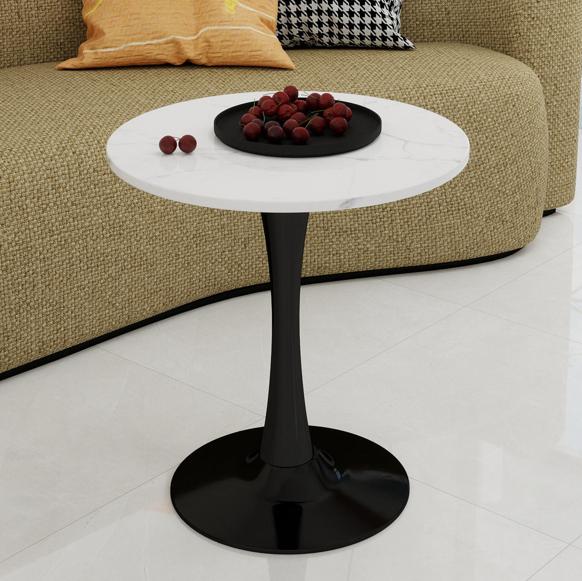 COUCHTISCH 70 cm in Schwarz/Weiß aus Kunstmarmor, rund und modern - Weiß, Stein (70/70/72cm) - Flora Grace