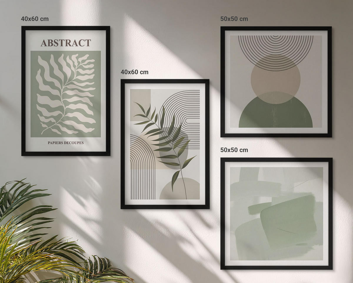 BILDER SET 4er Set - 50x50 cm & 40x60 cm Schwarzer Rahmen - Botanische Boho-Abstraktionen - Schwarz, Kunststoff (50/50cm) - TULUP