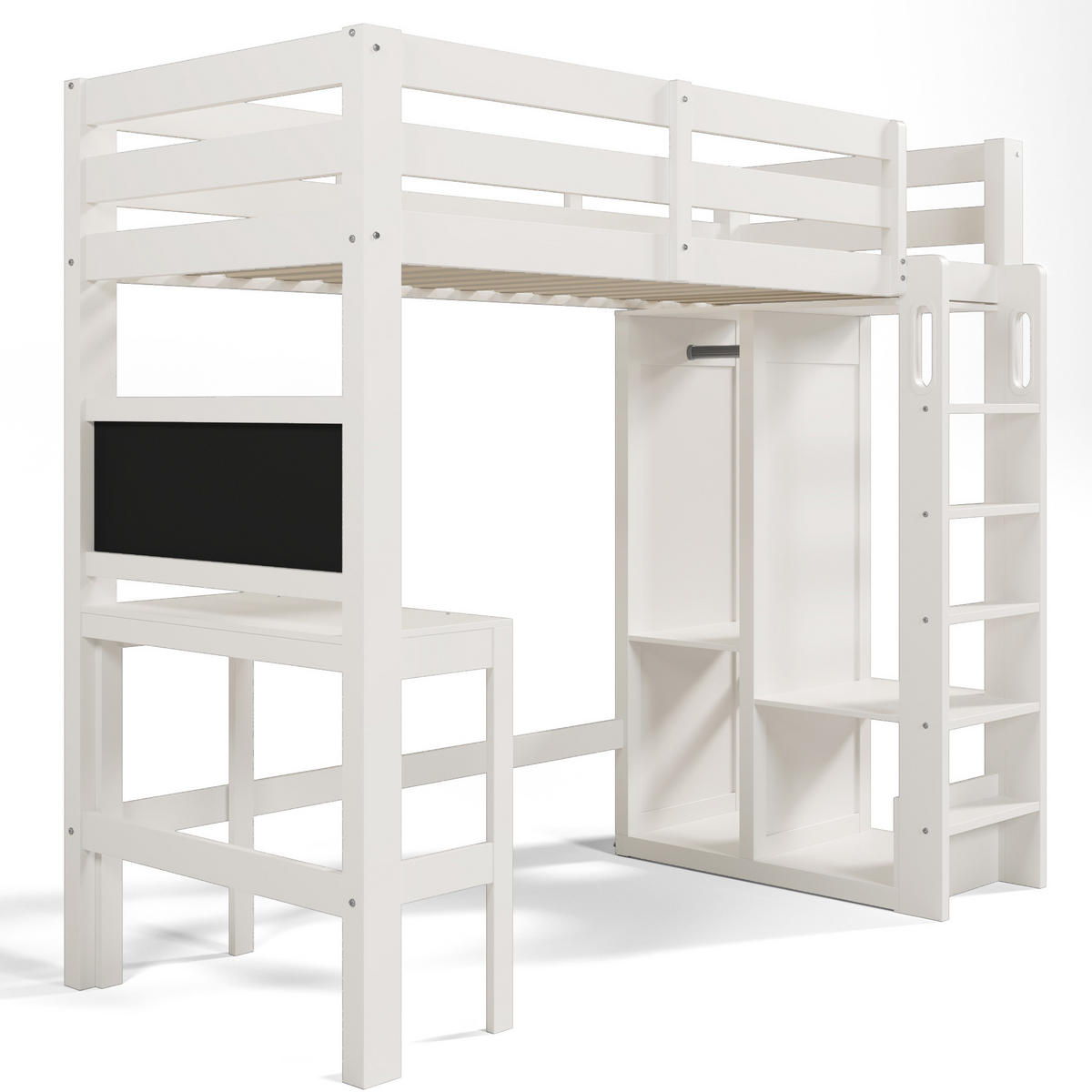 HOCHBETT 90/200 cm in Weiß mit Schreibtisch, Kreidetafel und offenem Kleiderschrank - Weiß, Holzwerkstoff (90/200cm) - Flora Grace