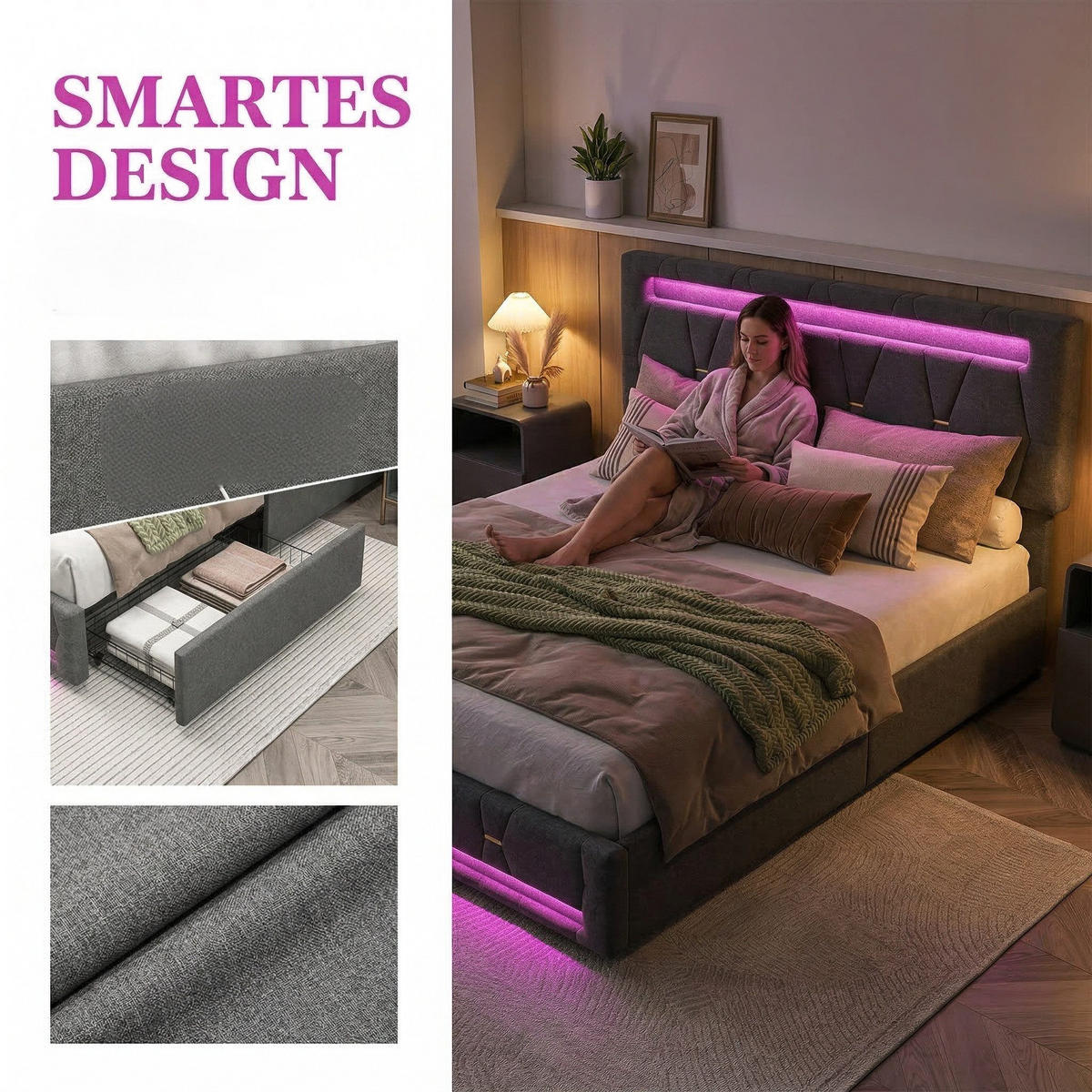 BETTGESTELL 140x200 cm mit verstellbarem Kopfteil Schubladen und Lattenrost Leinen - Grau, Holz/Metall (140/200cm) - PARAFTA HOME