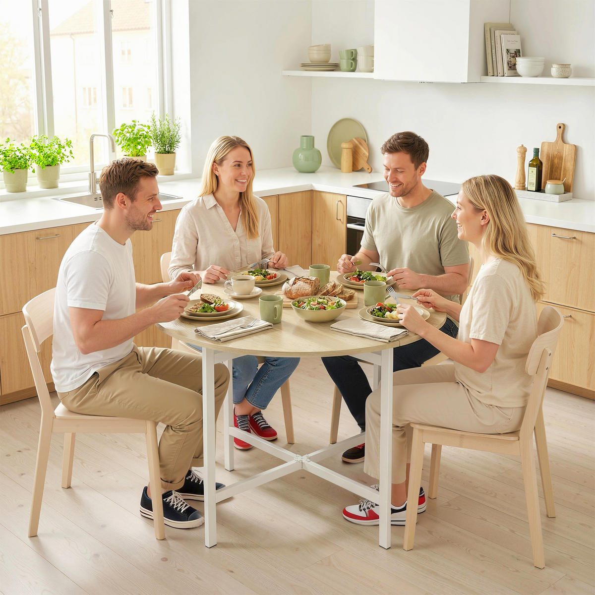 KLAPPBARER-ESSTISCH Spanplatte-Stahl Naturholz - Weiß/Naturfarben, Holzwerkstoff/Metall (80/80/76cm) - HOMCOM