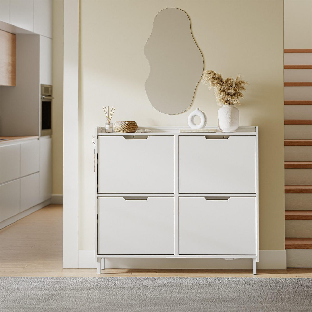 SCHUHSCHRANK mit 4 Klappen und Sensorlicht Weiß 100x19x93cm - Weiß, Holzwerkstoff (19/93/100cm) - SoBuy