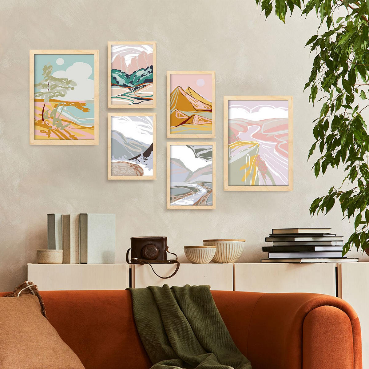 POSTER Set Mit 6 Küstenlandschaftsabstrakte Größe A3 & A4 Rahmen aus hellem Holz - Beige, Papier (29.7/1cm) - Nacnic
